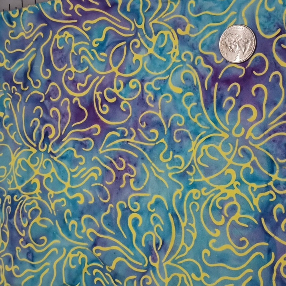 3/$15 .37yd Mirah Batiks Meadow Bells MB-8 3124 Purple Aqua Yellow Swirls Fabric